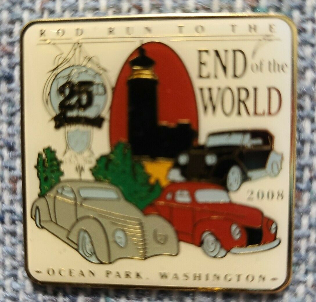 1.5 inches wide, a new Rod Run to the End of the World 2009 Car Show (Ocean Park, WA) with clutch back. 

Please note we will always combine shipping on like items.  Any additional patch or pin will ship for 99 cent per item.  Any additional payment will be reimbursed to your Paypal account.  Thank You.