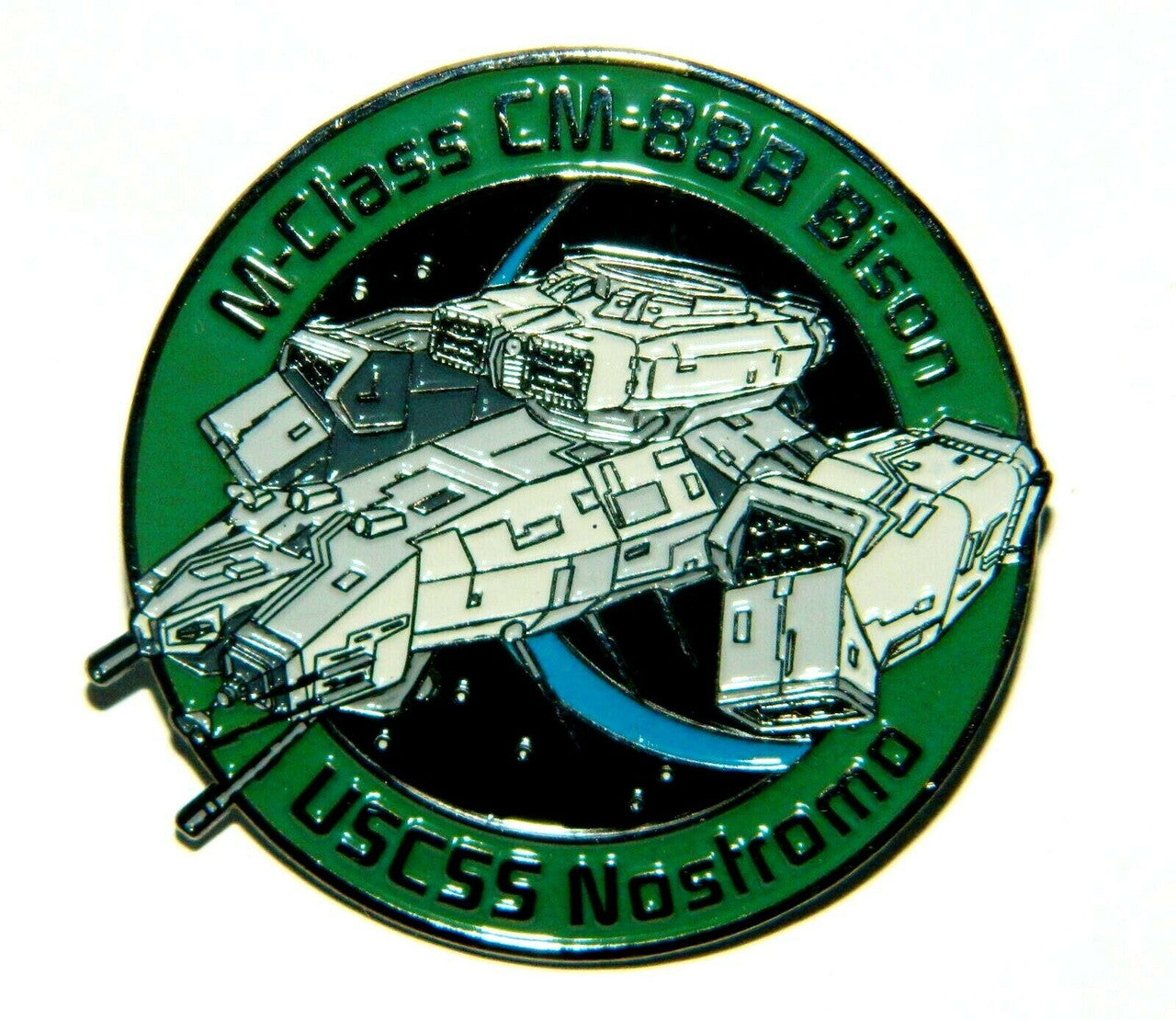 2 1/4 inches diameter, a new Alien Movie M-Class CM-888 Bison USCSS Nostromo Starship Metal Enamel Pin with clutch back. 

Please note we will always combine shipping on like items.  Any additional patch or pin will ship for 50 cent per item.  Any additional payment will be reimbursed to your Paypal account.  Thank You.