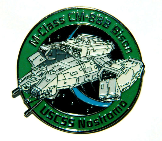 2 1/4 inches diameter, a new Alien Movie M-Class CM-888 Bison USCSS Nostromo Starship Metal Enamel Pin with clutch back. 

Please note we will always combine shipping on like items.  Any additional patch or pin will ship for 50 cent per item.  Any additional payment will be reimbursed to your Paypal account.  Thank You.