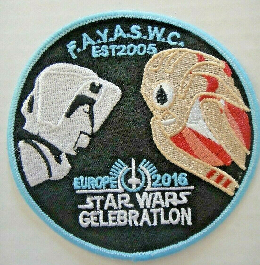 4 inches diameter, a new Star Wars Celebration Europe "FAYASWC" Fan Club (Scout Trooper & Squid Head)  Embroidered Patch.  Sew or iron on. New.

Please note we will always combine shipping on like items.  Any additional patch or pin will ship for 50 cent per item.  Any additional payment will be reimbursed to your Paypal account.  Thank You.