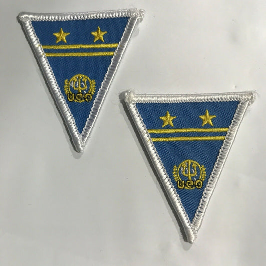 2 3/4" wide by 2.5" tall triangle, a new pair of SeaQuest TV Series Blue Commander Collar embroidered patches. Sew or iron on. New.

Please note we will always combine shipping on like items.  Any additional patch or pin will ship for 50 cent per item.  Any additional payment will be reimbursed to your Paypal account.  Thank You.