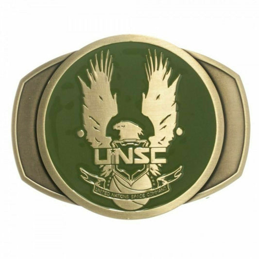 New Xbox 360 Halo UNSC Antique Brass Icon metal enamel belt buckle.   
The belt buckle produced in the early 2010s, measures 4 inches wide by 3 inches tall.  
The buckle will accommodate a belt strap upto to 1.5 inches wide.   
A web belt or any belt strap is not included,  only the buckle shown is for sale.   

Please note we will always combine shipping on like items.  Any additional patch or pin will ship for 50 cent per item.  Any additional payment will be reimbursed to your Paypal account.  Thank You.