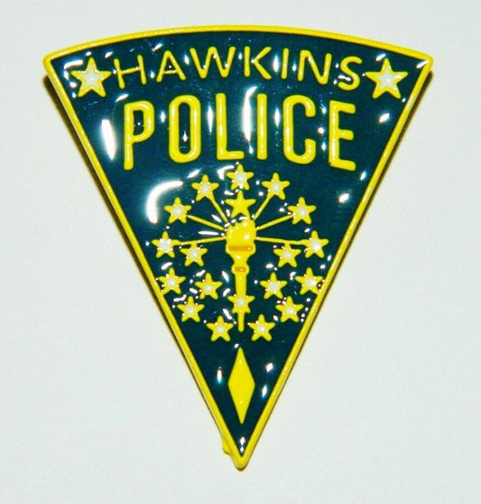 1. 3/8 inch tall,  a new Stranger Things TV Series Hawkins Police Logo Metal Enamel Pin with clutch back, new
Produced in 1994 by Hollywood Pins.   

Please note we will always combine shipping on like items.  Any additional patch or pin will ship for 50 cent per item.  Any additional payment will be reimbursed to your Paypal account.  Thank You.
