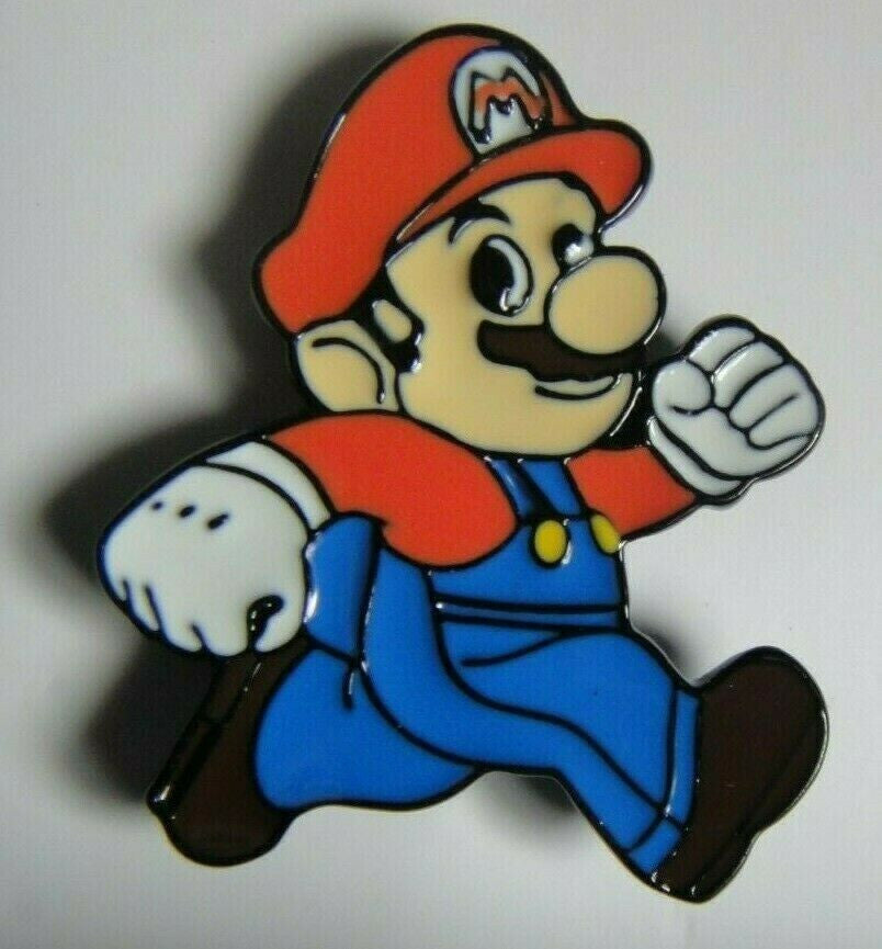 1 1/8 inches tall.  A new Super Mario "Running" enamel pins with clutch back. New.

Please note we will always combine shipping on like items.  Any additional patch or pin will ship for 50 cent per item.  Any additional payment will be reimbursed to your Paypal account.  Thank You.