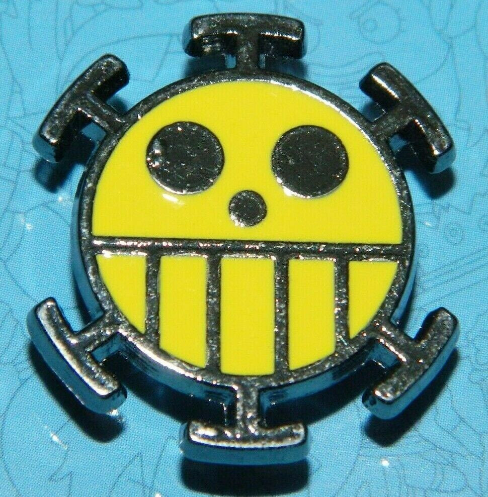 1. inch high,  a new One-Piece Trafalgar Law Logo Metal Enamel Pin with clutch back.

Please note we will always combine shipping on like items.  Any additional patch or pin will ship for 50 cent per item.  Any additional payment will be reimbursed to your Paypal account.  Thank You.
