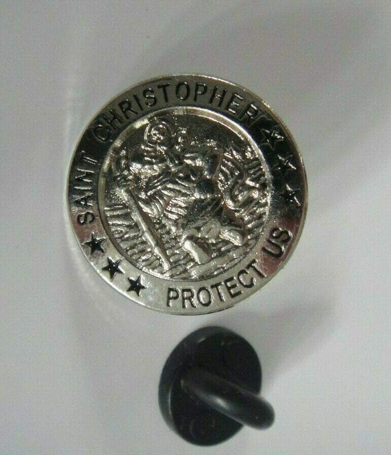 3/4 inches tall,  a  new Saint Christopher "Protect Us" enamel pin with a clutch back.

Please note we will always combine shipping on like items.  Any additional patch or pin will ship for 50 cent per item.  Any additional payment will be reimbursed to your Paypal account.  Thank You.