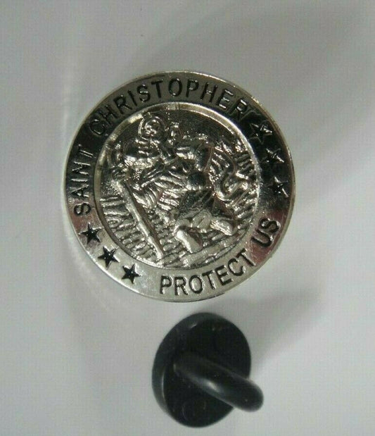 3/4 inches tall,  a  new Saint Christopher "Protect Us" enamel pin with a clutch back.

Please note we will always combine shipping on like items.  Any additional patch or pin will ship for 50 cent per item.  Any additional payment will be reimbursed to your Paypal account.  Thank You.
