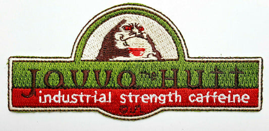 4 inches wide, Star Wars Javva the Hutt "Industrial Strength Caffeine" embroidered patch. Sew on or iron on. New.
 
Please note we will always combine shipping on like items.  Any additional patch or pin will ship for 50 cent per item.  Any additional payment will be reimbursed to your Paypal account.  Thank You.