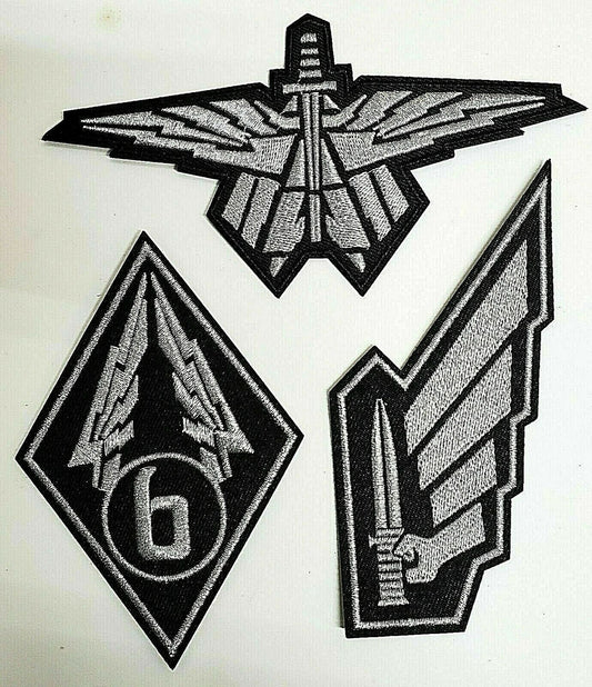 3.5 to 5 inches tall, a new Starship Trooper, Authentic 3 Pack Military Insignia Embroidered Patch Set.  Sew or iron on. 
3 new patches in sealed package.

Please note we will always combine shipping on like items.  Any additional patch or pin will ship for 50 cent per item.  Any additional payment will be reimbursed to your Paypal account.  Thank You.