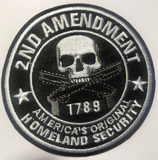 3 3/4 inches diameter, a new USA 2nd Amendment "America's Original Homeland Security"  Embroidered Jacket Patch -new  Sew on or Iron on. 
 
Please note we will always combine shipping on like items.  Any additional patch or pin will ship for 50 cent per item.  Any additional payment will be reimbursed to your Paypal account.  Thank You.