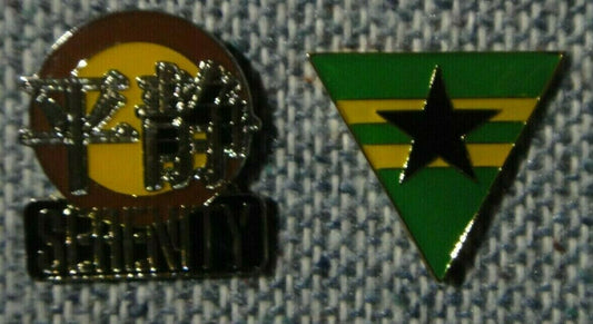1.25 inches tall.  Two new Serenity, Firely TV Series/Motion Picture enamel pins with clutch back. You will receive all four pins shown in the photo.  You will receive one each
1. Serenity Logo
2. Browncoat Logo

enamel pins.  New.

Please note we will always combine shipping on like items.  Any additional patch or pin will ship for 50 cent per item.  Any additional payment will be reimbursed to your Paypal account.  Thank You
