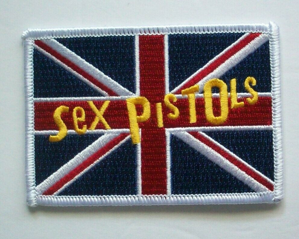 3.5 inches long, Sex Pistols embroidered patch. Sew on or iron on. New. 

Please note we will always combine shipping on like items.  Any additional patch or pin will ship for 50 cent per item.  Any additional payment will be reimbursed to your Paypal account.  Thank You.