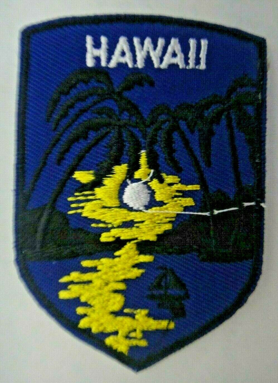 3 inches tall,  a new Hawaii "Sunset and Palms" embroidered patch.  Sew or iron on. New. 

Please note we will always combine shipping on like items.  Any additional patch or pin will ship for 50 cent per item.  Any additional payment will be reimbursed to your Paypal account.  Thank You.