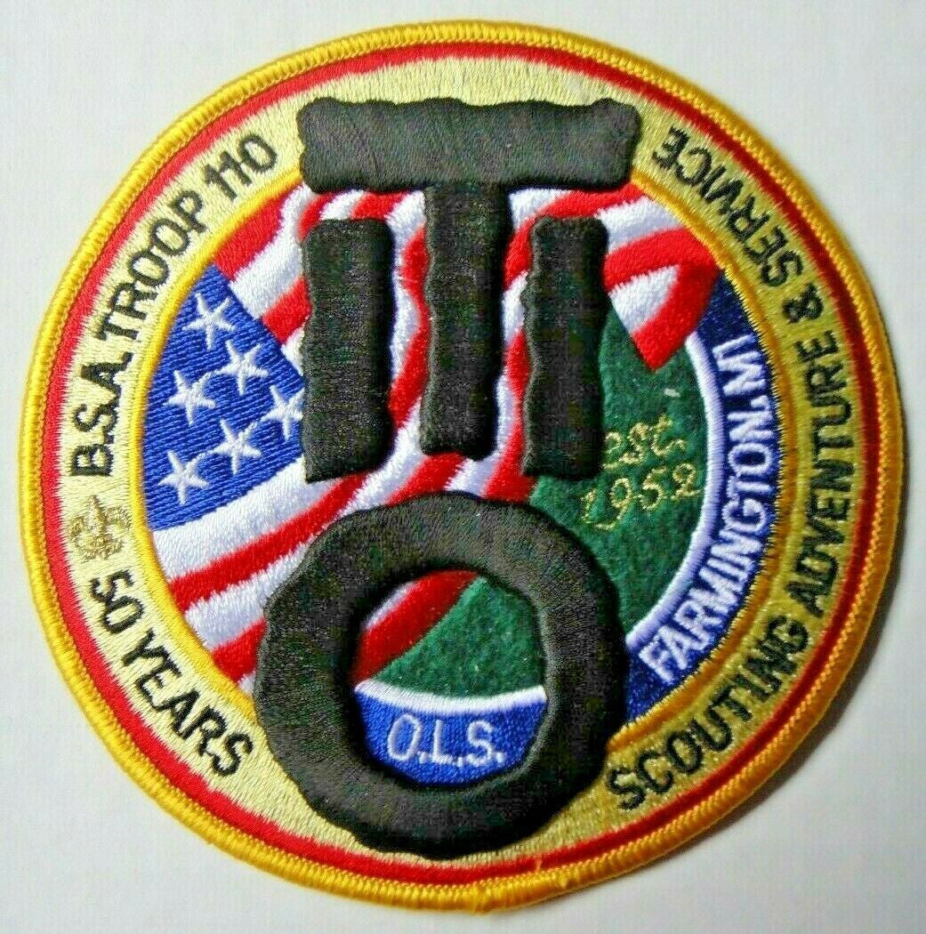 5." long, a new Boy Scout B.S.A. Troop 110, Framington, Mi. Embroidered Patch - from 2002. Sew or iron on. New.

Please note we will always combine shipping on like items.  Any additional patch or pin will ship for 50 cent per item.  Any additional payment will be reimbursed to your Paypal account.  Thank You.