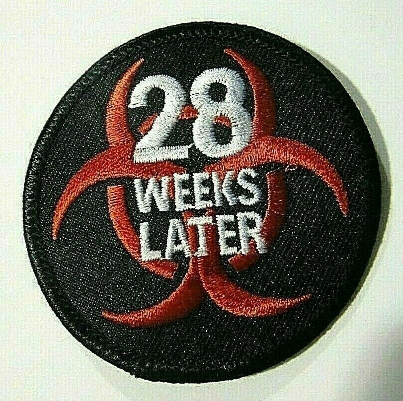 2.5 inches wide, a new 28 Weeks Later (horror Film) "BioHazard" embroidered shoulder patch. Sew on or iron on. 

Please note we will always combine shipping on like items.  Any additional patch or pin will ship for 50 cent per item.  Any additional payment will be reimbursed to your Paypal account.  Thank You.