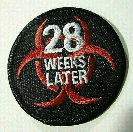 2.5 inches wide, a new 28 Weeks Later (horror Film) "BioHazard" embroidered shoulder patch. Sew on or iron on. 

Please note we will always combine shipping on like items.  Any additional patch or pin will ship for 50 cent per item.  Any additional payment will be reimbursed to your Paypal account.  Thank You.