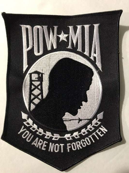 8 inches tall, a new POW-MIA "You Are Not Forgotten Jacket Size 8" tall embroidered patch. Sew on only. New.

Please note we will always combine shipping on like items.  Any additional patch or pin will ship for 50 cent per item.  Any additional payment will be reimbursed to your Paypal account.  Thank You.