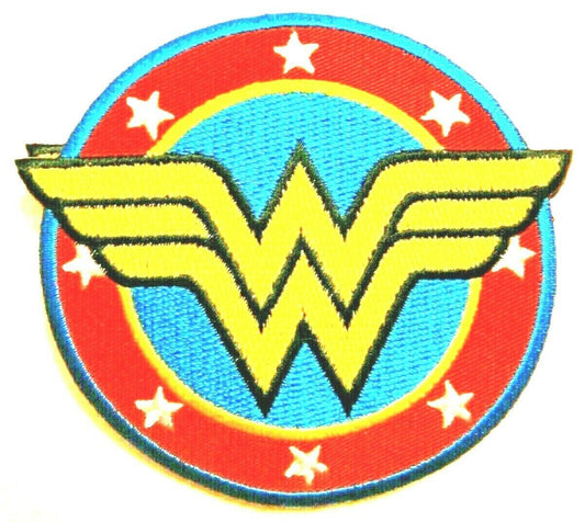 3 1/4 inches diameter, a new Wonder Woman logo with a red ring and stars embroidered patch. Sew or iron on. New.

Please note we will always combine shipping on like items.  Any additional patch or pin will ship for 50 cent per item.  Any additional payment will be reimbursed to your Paypal account.  Thank You.
