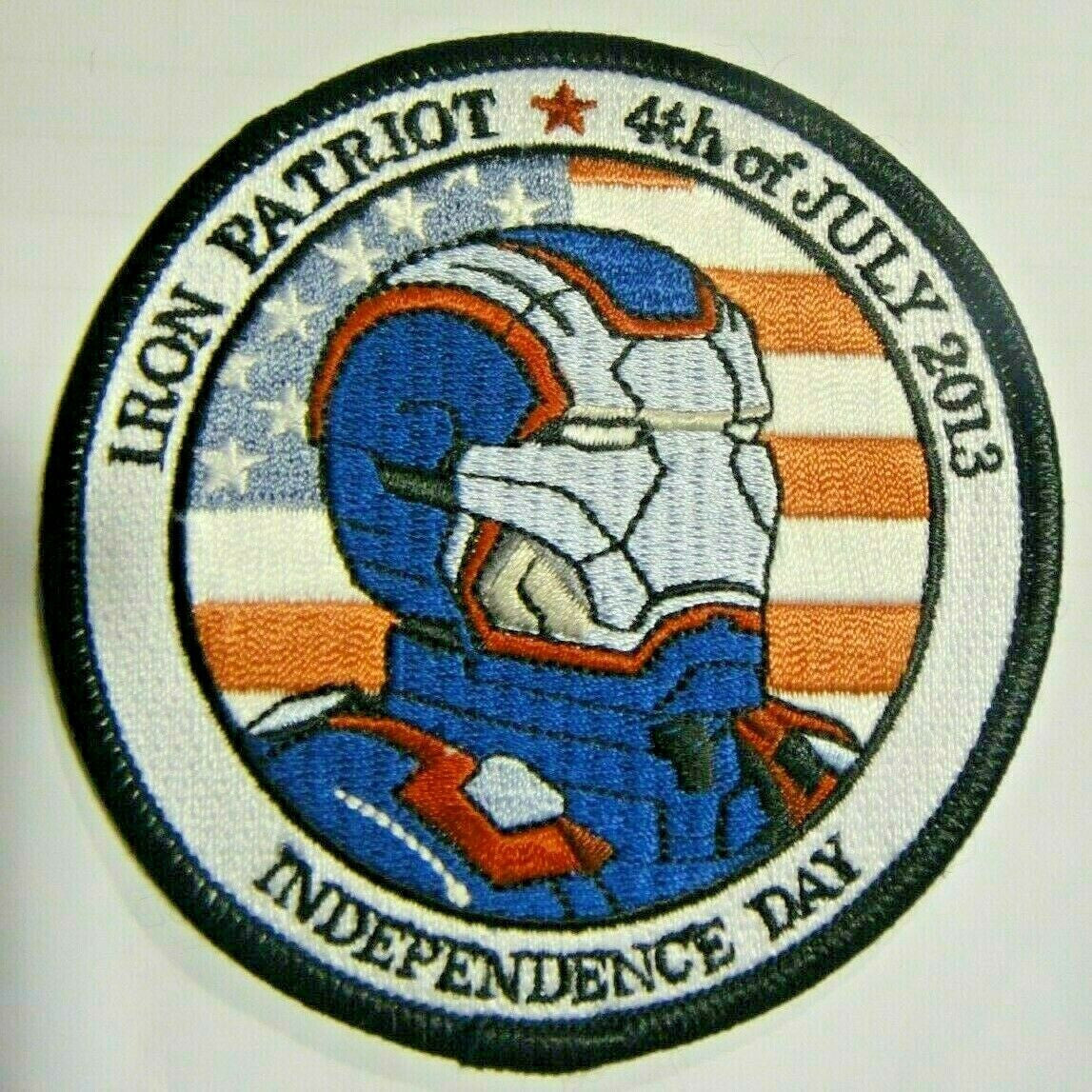 3.5 inches diameter, a new Marvel Comics Iron Patriot "Iron Man" Independence Day embroidered patch. Sew or iron on. New.

Please note we will always combine shipping on like items.  Any additional patch or pin will ship for 50 cent per item.  Any additional payment will be reimbursed to your Paypal account.  Thank You.