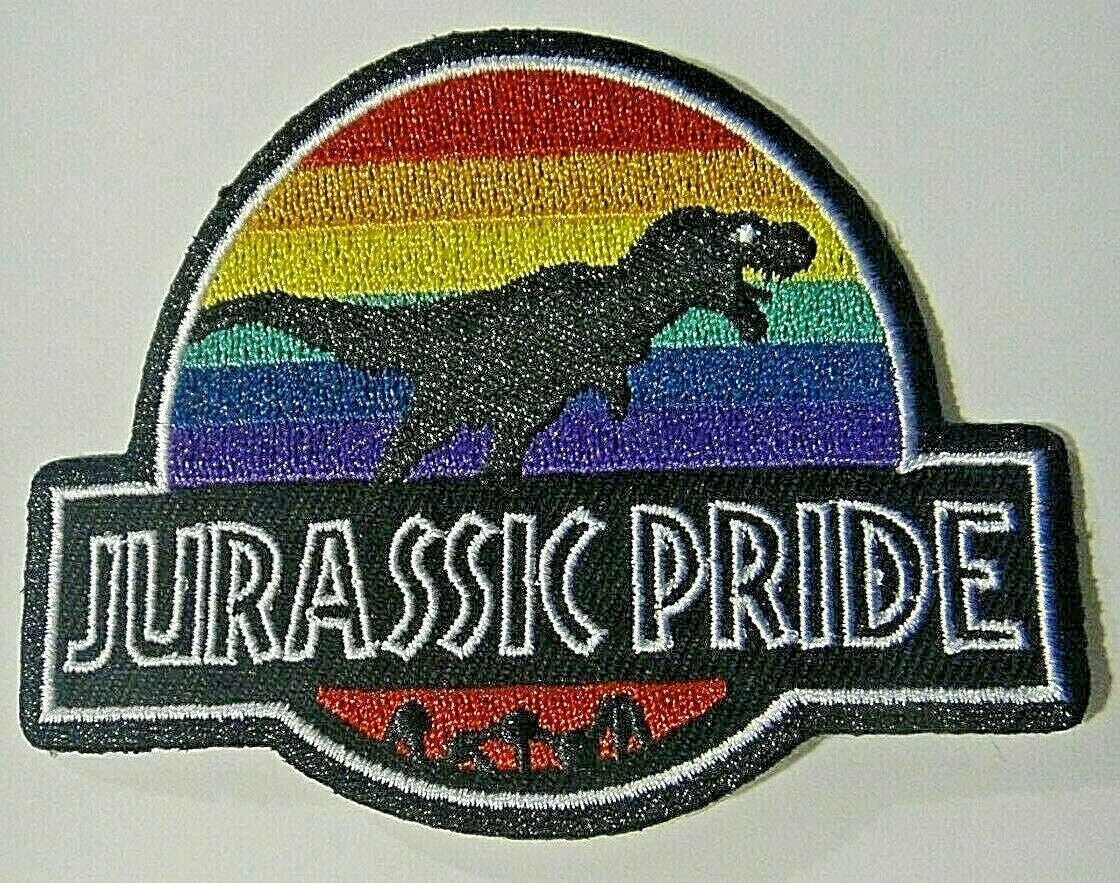 3.5 inches wide, a new Jurassic Pride "Jurassic Park embroidered patch.  Sew or iron on. New

Please note we will always combine shipping on like items.  Any additional patch or pin will ship for 50 cent per item.  Any additional payment will be reimbursed to your Paypal account.  Thank You.