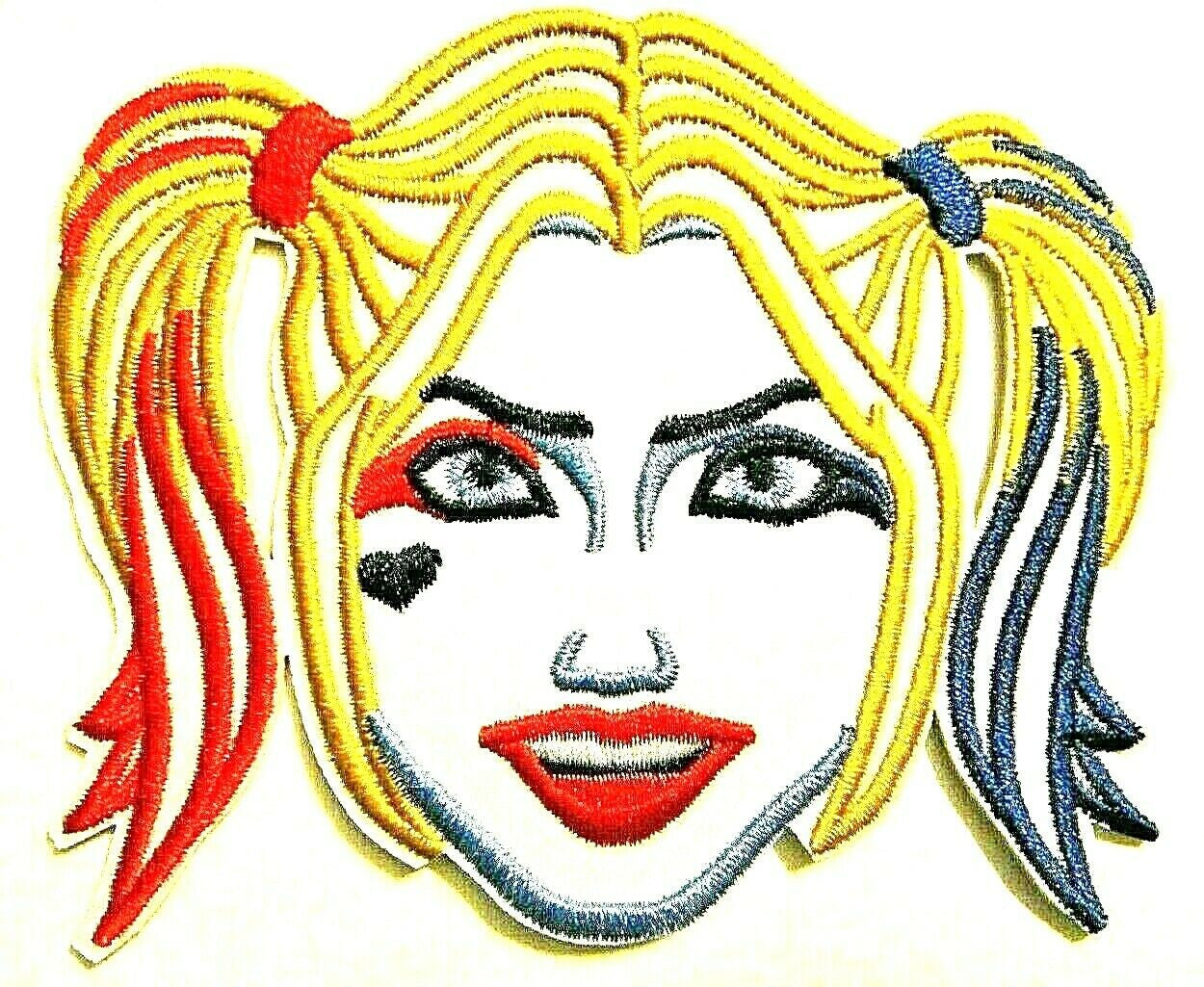 4 inches wide, a new Harley Quinn Face "Suicide Squad" embroidered patch. Sew on or iron on. New.

Please note we will always combine shipping on like items.  Any additional patch or pin will ship for 50 cent per item.  Any additional payment will be reimbursed to your Paypal account.  Thank You.
