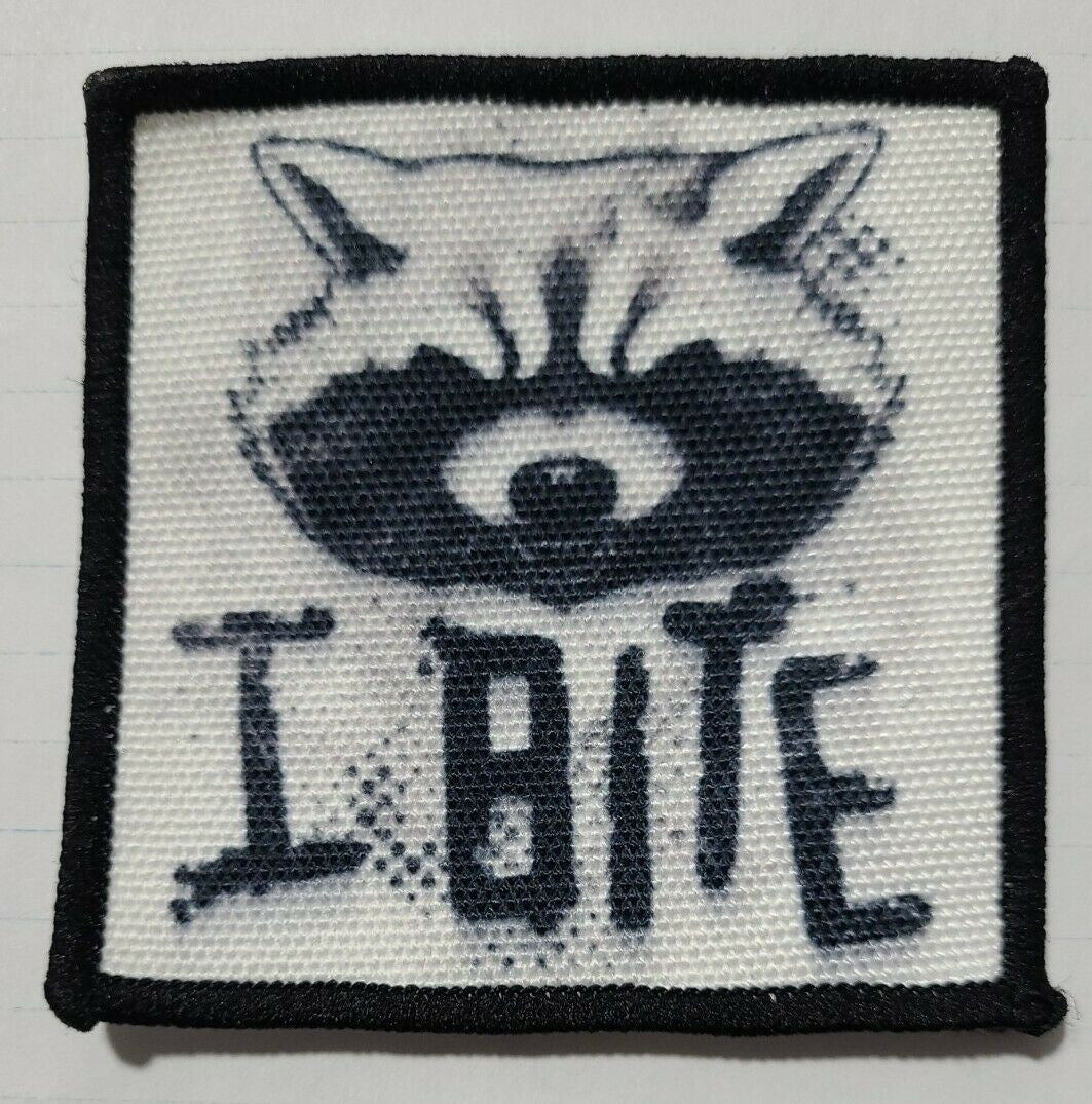 3 inches square.   A new Marvel comic series "Guardians of the Galaxy" Rocket Raccoon, "I Bite"  embroidered patch. Sew on or iron.

Please note we will always combine shipping on like items.  Any additional patch or pin will ship for 50 cent per item.  Any additional payment will be reimbursed to your Paypal account.  Thank You.