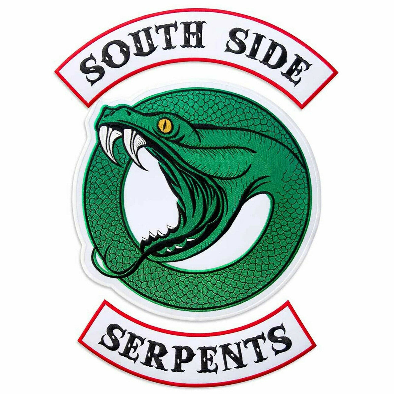 Riverside South Side Serpents 3 Piece Embroidered Jacket Patch -new
Over 14 inches tall once the patches are assembled on a jacket.  The main center patch 8.5 inches in diameter.  The top patch "South Side" is 9.5 inches wide and the bottom patch "Serpents" is 8 inches wide. 


Please note we will always combine shipping on like items.  Any additional patch or pin will ship for 50 cent per item.  Any additional payment will be reimbursed to your Paypal account.  Thank You.