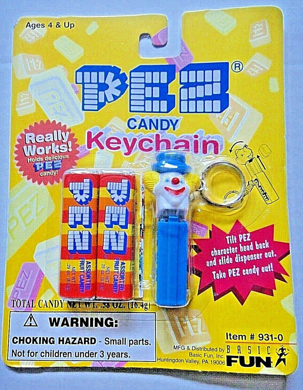 A Pez Clown Mini Dispenser Keychain (Basic Fun 1998)  -new on mint card.  

Please note we will always combine shipping on like items.  Any additional patch or pin will ship for 50 cent per item.  Any additional payment will be reimbursed to your Paypal account.  Thank You.