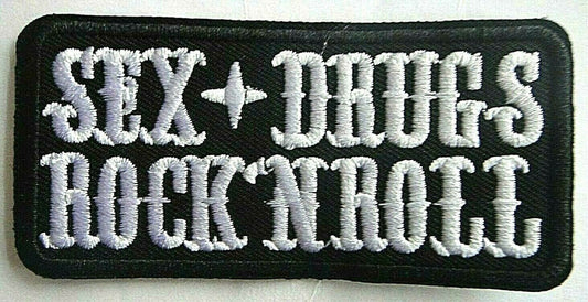 3 1/2 inches wide, a new "Sex, Drugs, Rock 'N' Roll " embroidered patch. Sew on or iron on. New. 

Please note we will always combine shipping on like items.  Any additional patch or pin will ship for 50 cent per item.  Any additional payment will be reimbursed to your Paypal account.  Thank You.