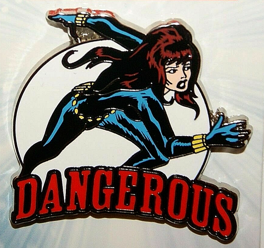 1 3/4" inches wide.  Black Widow "Dangerous" enamel pin with clutch back. New.

Please note we will always combine shipping on like items.  Any additional patch or pin will ship for 50 cent per item.  Any additional payment will be reimbursed to your Paypal account.  Thank You.