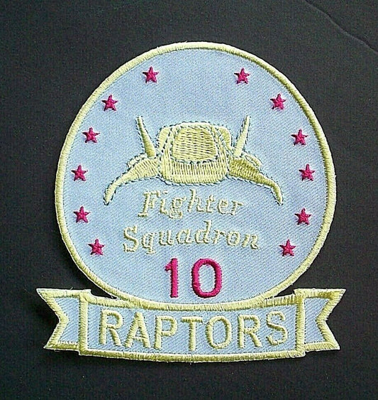 3 1/2 inches tall, Battlestar Galactica Raptors Fighter Squadron #10 embroidered patch. Sew or iron on. New.

Please note we will always combine shipping on like items.  Any additional patch or pin will ship for 50 cent per item.  Any additional payment will be reimbursed to your Paypal account.  Thank You.