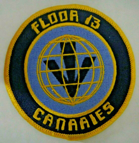 3.5 inches wide,  a new Red Dwarf "Floor" Logo  13 Canaries" Logo Embroidered Patch.  Sew on or iron. 

Please note we will always combine shipping on like items.  Any additional patch or pin will ship for 50 cent per item.  Any additional payment will be reimbursed to your Paypal account.  Thank You.