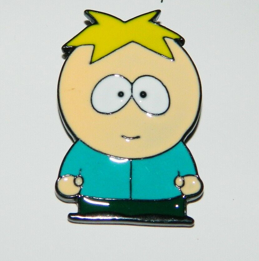 1. 1/2 inches tall, A new South Park TV Series "Butters' Stotch "Standing" Metal Enamel Pin with clutch back.  
Good luck. 

Please note we will always combine shipping on like items.  Any additional patch or pin will ship for 50 cent per item.  Any additional payment will be reimbursed to your Paypal account.  Thank You.