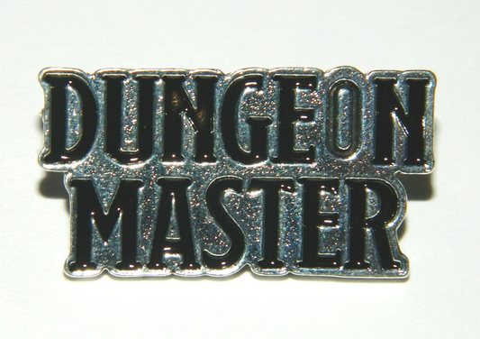 1  3/8 inch wise,  Dungeon & Dragons, Dungeon Master Name Logo Metal Pin witt a post and butterfly back.

Please note we will always combine shipping on like items.  Any additional patch or pin will ship for 50 cent per item.  Any additional payment will be reimbursed to your Paypal account.  Thank You.