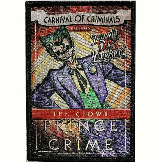 4 inch tall, the Joker, Carnival of Criminals (Prince of Crime) embroidered patch. Sew on or iron on. New.

Please note we will always combine shipping on like items.  Any additional patch or pin will ship for 50 cent per item.  Any additional payment will be reimbursed to your Paypal account.  Thank You.