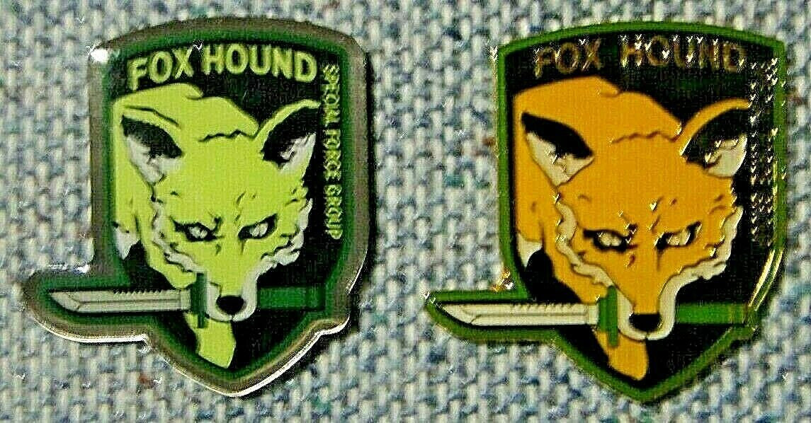 1 1/2 inches tall. two new Metal Gear Solid "Fox Hound" Special Force Group enamel pins with clutch back. You will receive both pins shown in the photo.  You will receive the brown and green version of the Fox Hound Pin.  New.

Please note we will always combine shipping on like items.  Any additional patch or pin will ship for 50 cent per item.  Any additional payment will be reimbursed to your Paypal account.  Thank You.