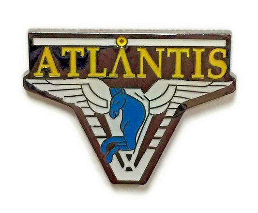 1.25 inches wide.  A new Stargate Atlantis logo enamel pin with clutch back. 

Please note we will always combine shipping on like items.  Any additional patch or pin will ship for 50 cent per item.  Any additional payment will be reimbursed to your Paypal account.  Thank You.