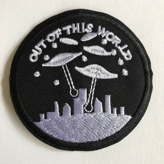 3 inches diameter, a new UFO "Out of This World"  Embroidered Jacket Patch -new  Sew on or Iron on. 
 
Please note we will always combine shipping on like items.  Any additional patch or pin will ship for 50 cent per item.  Any additional payment will be reimbursed to your Paypal account.  Thank You.