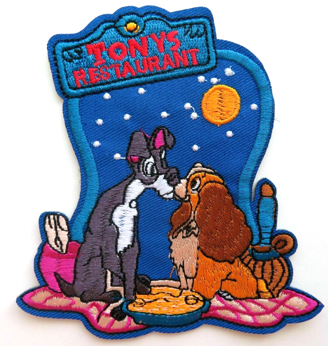 4 inches tall, a new Lady and the Tramp "Tony's Restaurant" embroidered patch.  Sew on or iron.  

Please note we will always combine shipping on like items.  Any additional patch or pin will ship for 50 cent per item.  Any additional payment will be reimbursed to your Paypal account.  Thank You.