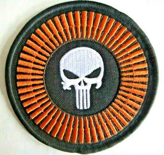 3 1/4 inches tall, a new Marvel Comics Punisher Logo "Ring of Fire" Embroidered Patch. Sew or iron on. New.

Please note we will always combine shipping on like items.  Any additional patch or pin will ship for 50 cent per item.  Any additional payment will be reimbursed to your Paypal account.  Thank You.