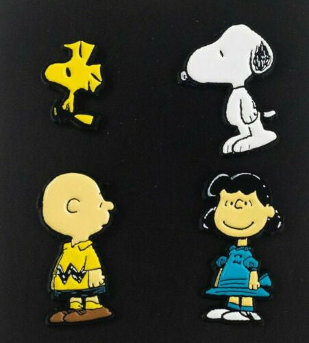1 to 1.25 inches tall,  4 new Peanuts lapel pins. Charlie Brown, Snoopy, Woodstock & Lucy are featured on this set.  We are
breaking up one set and selling the 4 items individually.  Customer will choose from a complete set of the individual characters. 
Each pin includes a single post.  Sew or iron on. New. 

Please note we will always combine shipping on like items.  Any additional patch or pin will ship for 69 cent per item.  Any additional payment will be reimbursed to your Paypal account.  Thank You.