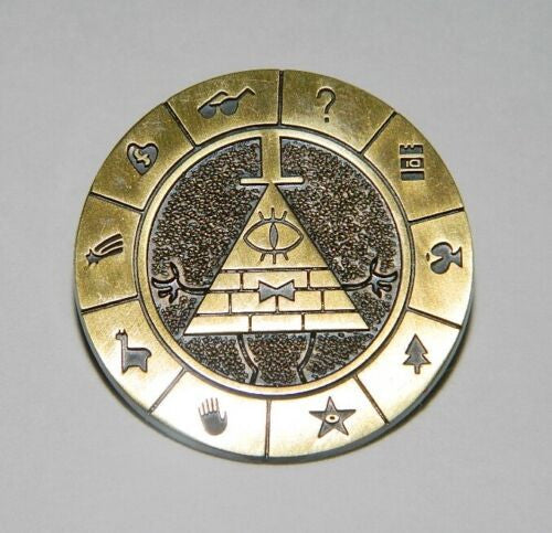 1. 1/4 inches wide, A new Gravity Falls Animated TV Series Illuminati Style Metal Pin with clutch back.  Good luck. 

Please note we will always combine shipping on like items.  Any additional patch or pin will ship for 50 cent per item.  Any additional payment will be reimbursed to your Paypal account.  Thank You.