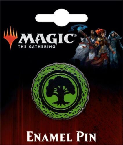 1 inches tall, A new Magic the Gathering Card Game Green Forest Mana Logo Metal Enamel Pin with clutch back.  
Good luck. 

Please note we will always combine shipping on like items.  Any additional patch or pin will ship for 50 cent per item.  Any additional payment will be reimbursed to your Paypal account.  Thank You.