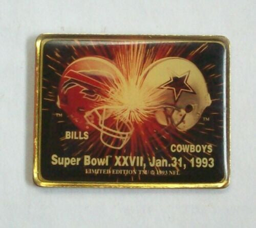 1 1/2" long, clutch-back pin, Super Bowl XXVII, Buffalo Bills vs Dallas Cowboys. NIce!

Please note we will always combine shipping on like items.  Any additional patch or pin will ship for 50 cent per item.  Any additional payment will be reimbursed to your Paypal account.  Thank You.
