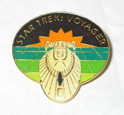 1. 1/2 inch in wide,  a new  Star Trek: Voyager StarShip in Warp Drive Oval Enamel Metal Pin with clutch back. New.  
The photo shows the front and the back, and this auction is for one pin.  

Please note we will always combine shipping on like items.  Any additional patch or pin will ship for 50 cent per item.  Any additional payment will be reimbursed to your Paypal account.  Thank You.