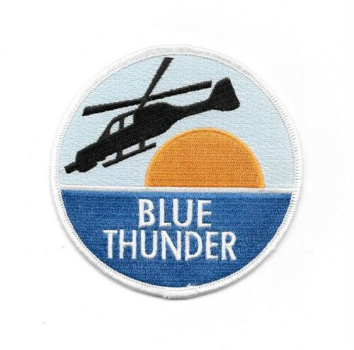 3.75 inches wide,  a new Blue Thunder Movie and TV Series Logo Shoulder Embroidered Patch

Please note we will always combine shipping on like items.  Any additional patch or pin will ship for 50 cent per item.  Any additional payment will be reimbursed to your Paypal account.  Thank You.