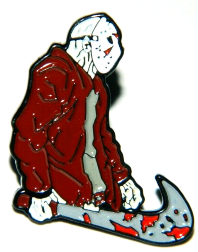 1. 1/8 inches tall, a new Friday The 13th Movies Jason Figure with Machete Metal Enamel Pin with clutch back.   New.

Please note we will always combine shipping on like items.  Any additional patch or pin will ship for 50 cent per item.  Any additional payment will be reimbursed to your Paypal account.  Thank You.