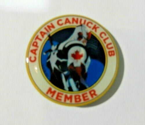 1 1/4" inches in diameter. Captain Canuck Club Member Enamel Pin "A" with clutch back. Captain Canuck is usually recognized as one of Canada's very first comic super heroes. New.

Please note we will always combine shipping on like items.  Any additional patch or pin will ship for 50 cent per item.  Any additional payment will be reimbursed to your Paypal account.  Thank You.