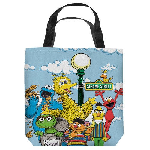 16 inches by 16 inches,  Sesame Street-Retro Gang" Tote Bag.  This highly collectible bag is made of a spun polyester, and has the look and feel of a "Light Weight Cotton Canvas Bag".  Includes 2 black handles and is printed on both sides with same image shown.  