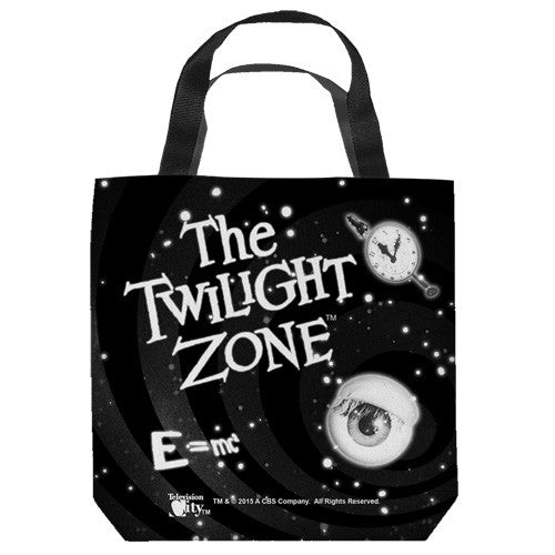16 inches by 16 inches,Twlight Zone-Another dimension" Tote Bag.  This highly collectible bag is made of a spun polyester, and has the look and feel of a "Light Weight Cotton Canvas Bag".  Includes 2 black handles and is printed on both sides with same image shown.  